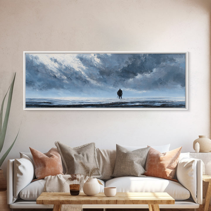 Lone Figure In Icy Storm Canvas Print, Blue Abstract Seascape Wall Art, Moody Ocean Landscape For Modern Living Room Decor