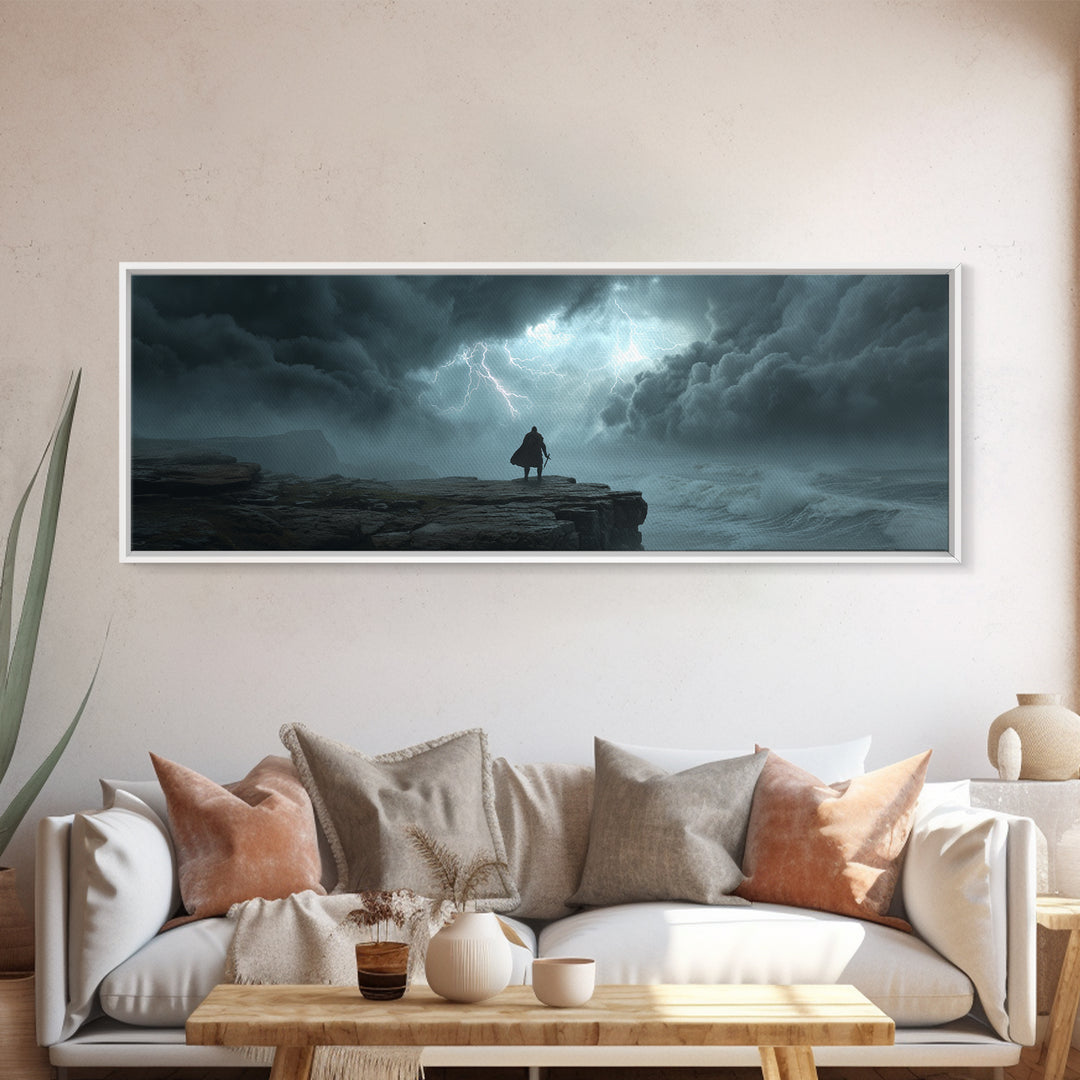Cloaked Wanderer Under Lightning Canvas Print, Dark Storm Seascape Wall Art, Fantasy Landscape Decor, Moody Office Art Print