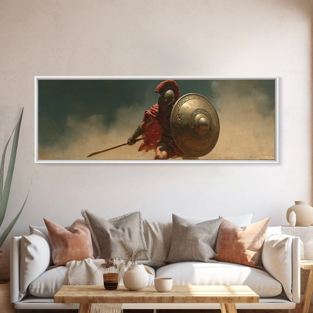 Spartan Warrior With Bronze Shield Canvas Print, Ancient Greek Battle Wall Art, Historical Decor, Masculine Gift For Him