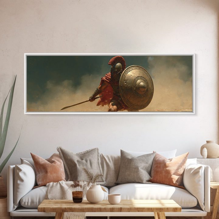 Spartan Warrior With Bronze Shield Canvas Print, Ancient Greek Battle Wall Art, Historical Decor, Masculine Gift For Him