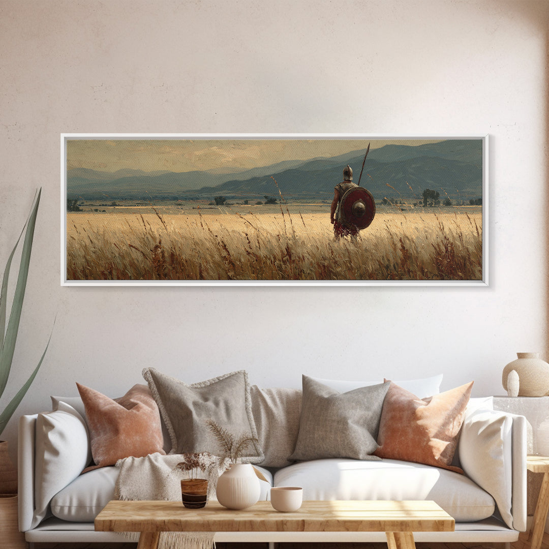 Lone Spearman In Golden Field Canvas Print, Ancient Warrior Landscape, Rustic Wall Art, Historical Decor, Long Horizontal Art