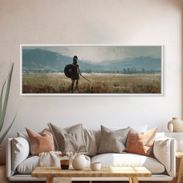 Lone Shield Warrior Landscape Wall Art, Viking Fantasy Canvas, Mountain Battlefield Print, Rustic Medieval Home Decor Gift