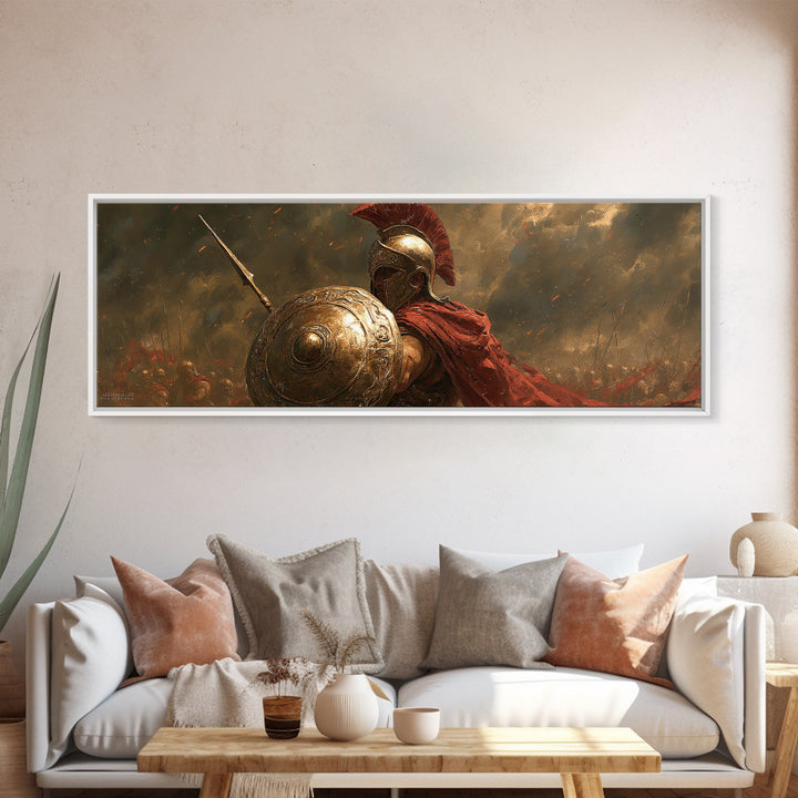 Golden Spartan Warrior With Shield Framed Canvas Print, Greek Mythology Wall Art, Ancient Battle Decor, Gift For Him, Masculine Office Decor