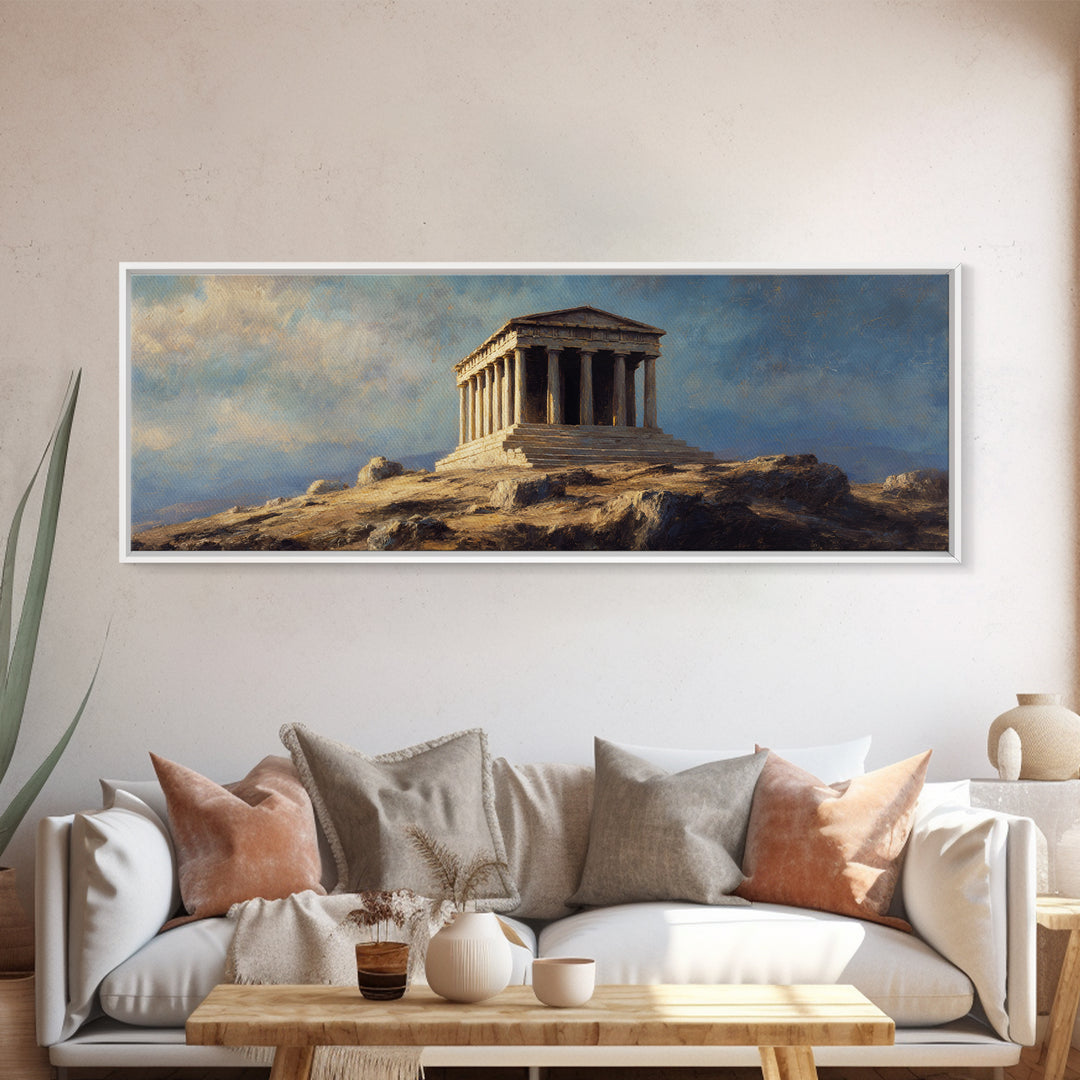 Ancient Greek Temple On Rocky Hill Wall Art, Classical Landscape Painting, European Decor, Large Framed Canvas Print For Home