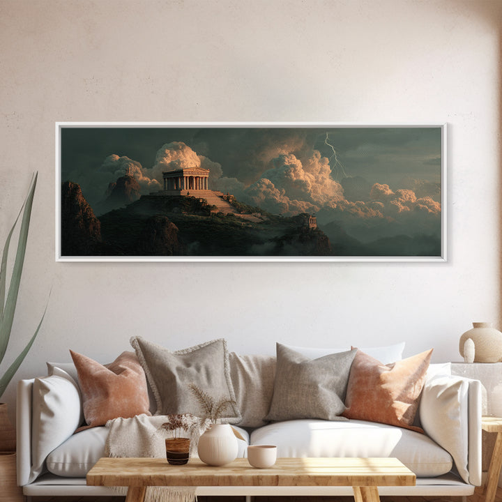 Ancient Greek Temple Above Stormy Peaks Wall Art, Mythological Landscape Canvas Print, Classical Decor, Dramatic Office Art