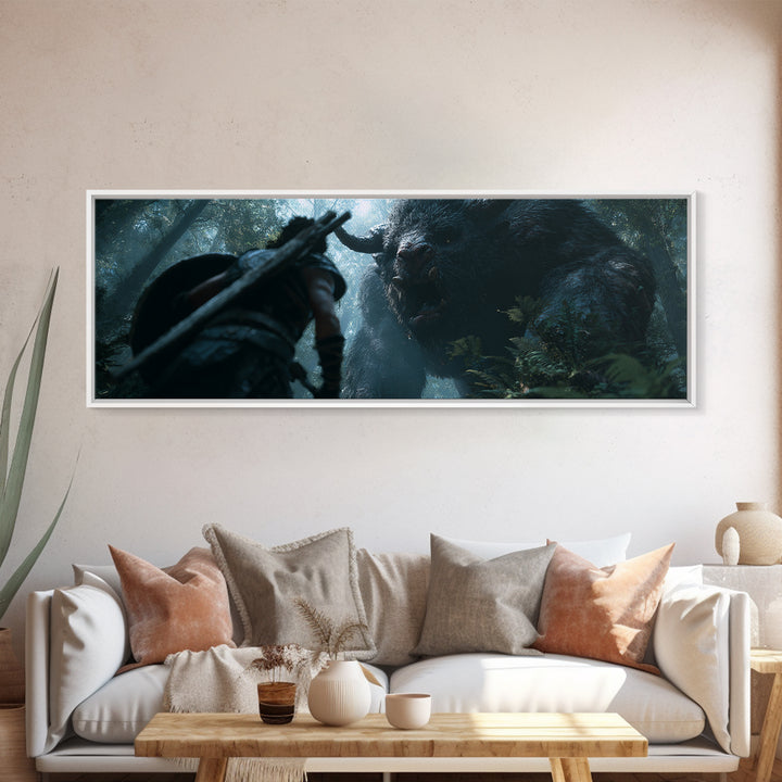 Warrior Facing Giant Forest Beast Canvas Print, Dark Fantasy Wall Art, Mythical Creature Decor, Dramatic Game Room Poster