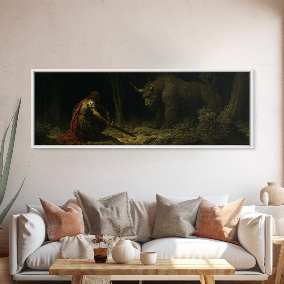 Kneeling Knight Facing Dark Forest Unicorn Wall Art, Mythical Fantasy Canvas Print, Gothic Fairytale Decor Unique Gift For Him