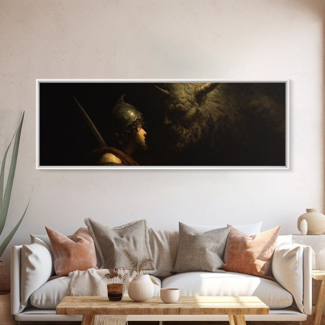 Ancient Warrior Facing Horned Beast Canvas Print, Dark Fantasy Mythology Wall Art, Dramatic Gothic Decor For Living Room