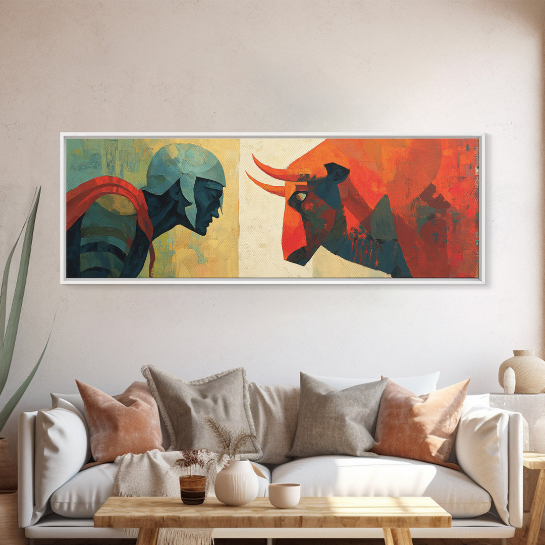 Modern Warrior And Red Bull Canvas Print, Geometric Mythology Wall Art, Mid Century Abstract Decor For Bold Living Room Art