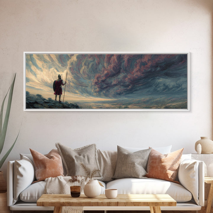 Lone Warrior Under Stormy Sky Wall Art, Dramatic Fantasy Landscape Canvas Print, Moody Large Horizontal Living Room Decor