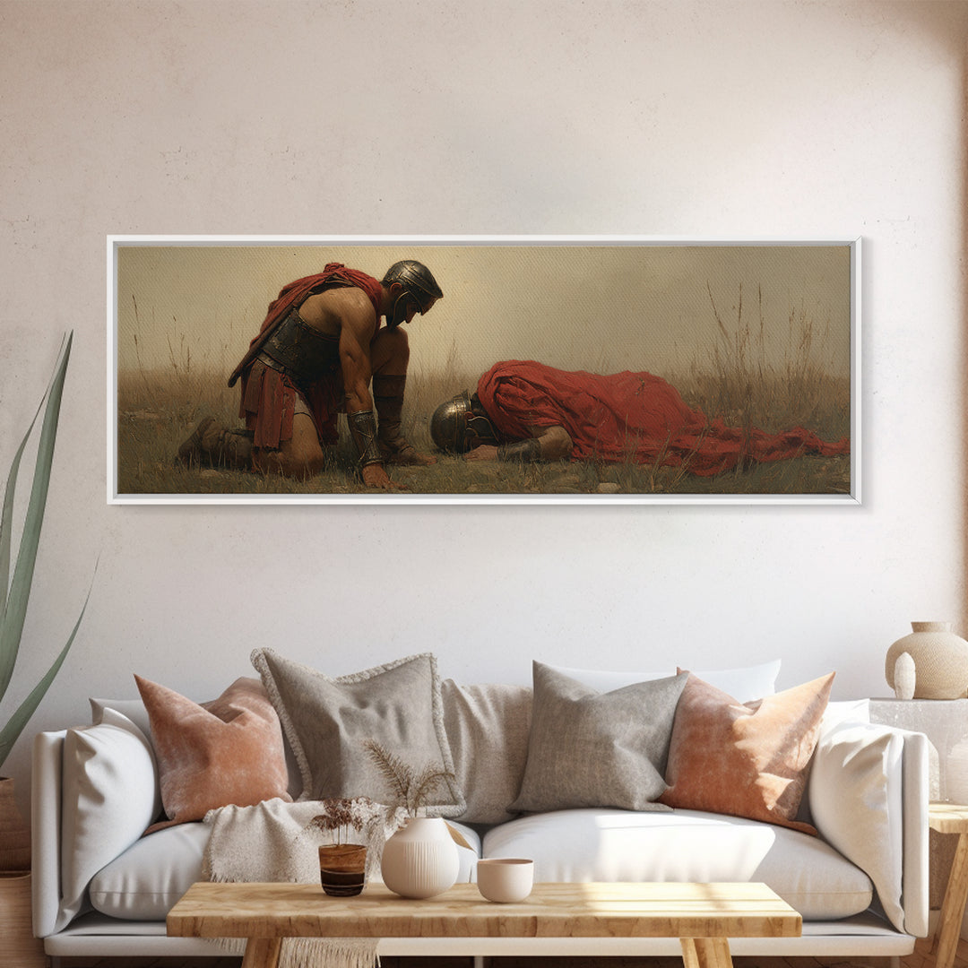 Kneeling Warrior Beside Fallen Soldier Wall Art, Historical Battlefield Canvas Print, Dramatic Masculine Living Room Decor