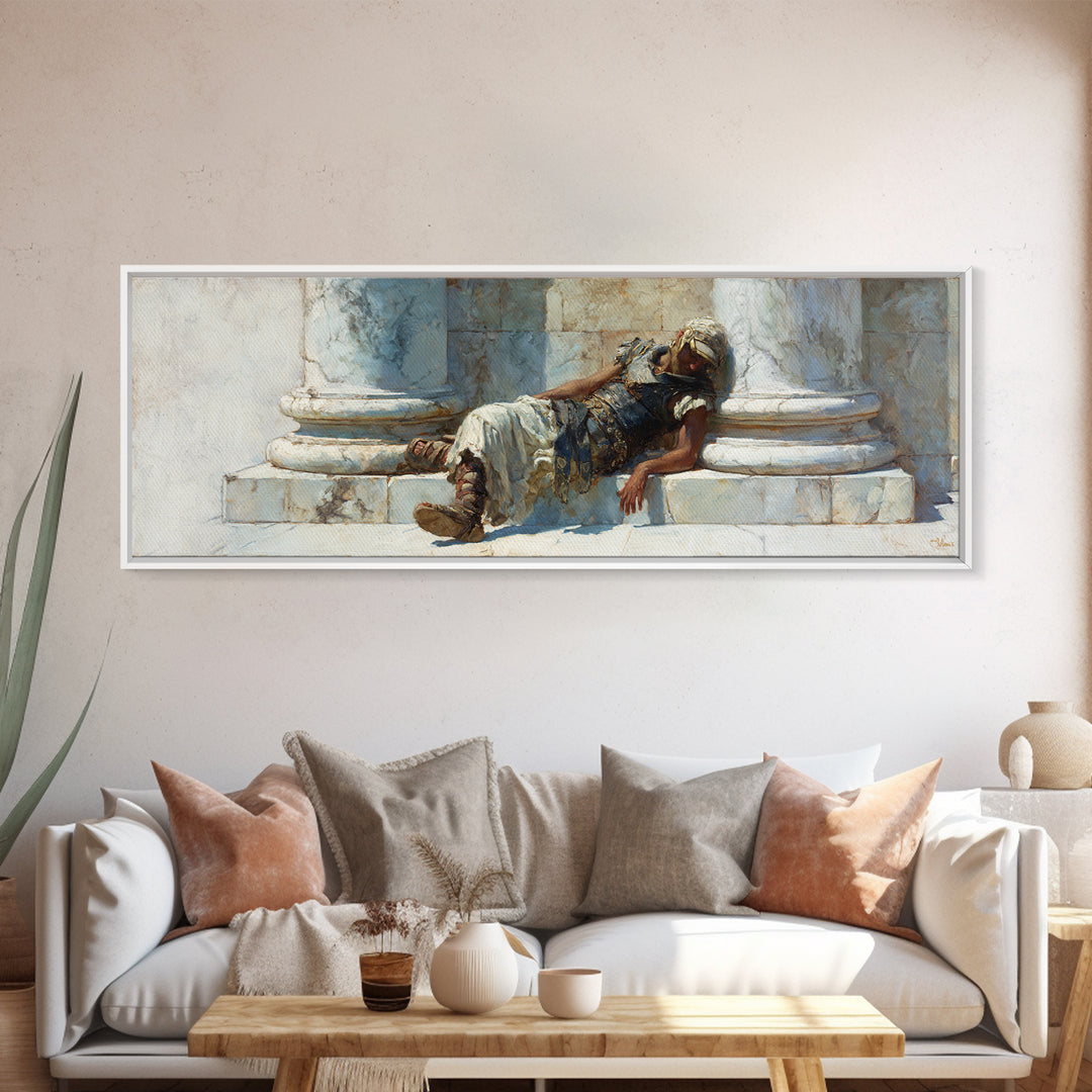 Resting Roman Soldier By Marble Columns Wall Art, Ancient Warrior Oil Painting Print, Classical History Decor, Housewarming Gift