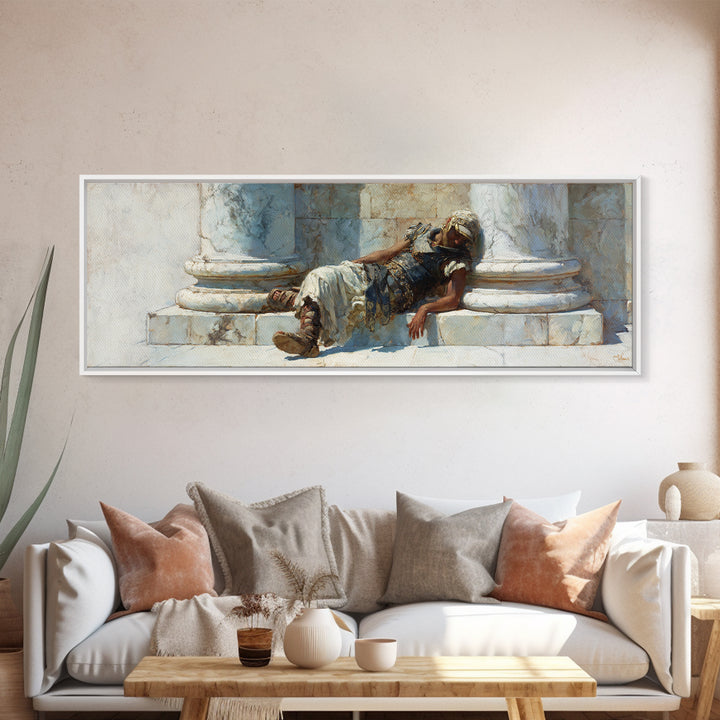 Resting Roman Soldier By Marble Columns Wall Art, Ancient Warrior Oil Painting Print, Classical History Decor, Housewarming Gift