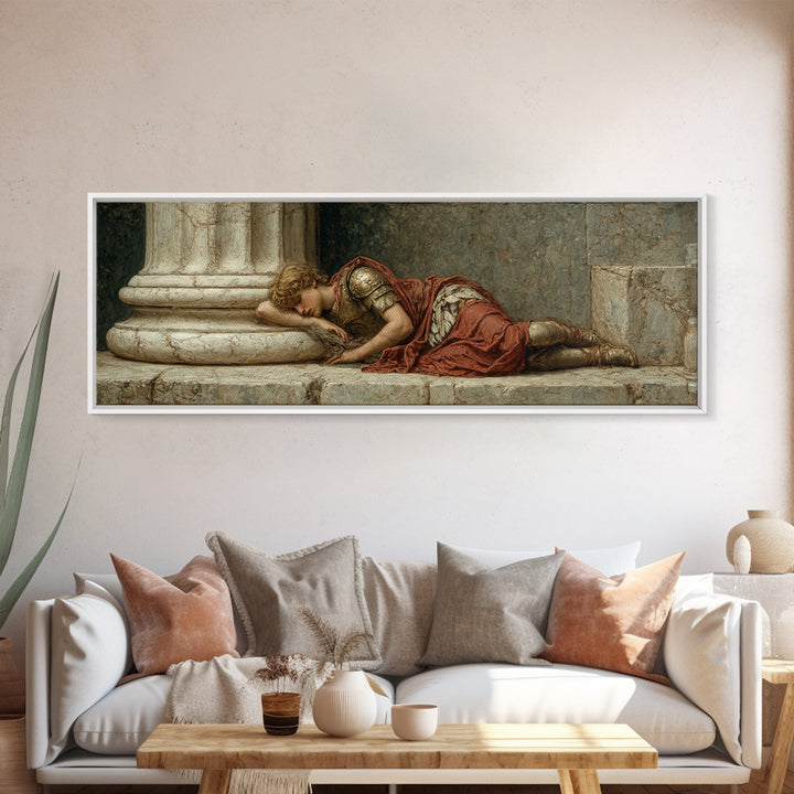 Resting Roman Soldier By Marble Column Framed Canvas Print, Classical Wall Art, Dark Academia Decor, Historical Gift For Him