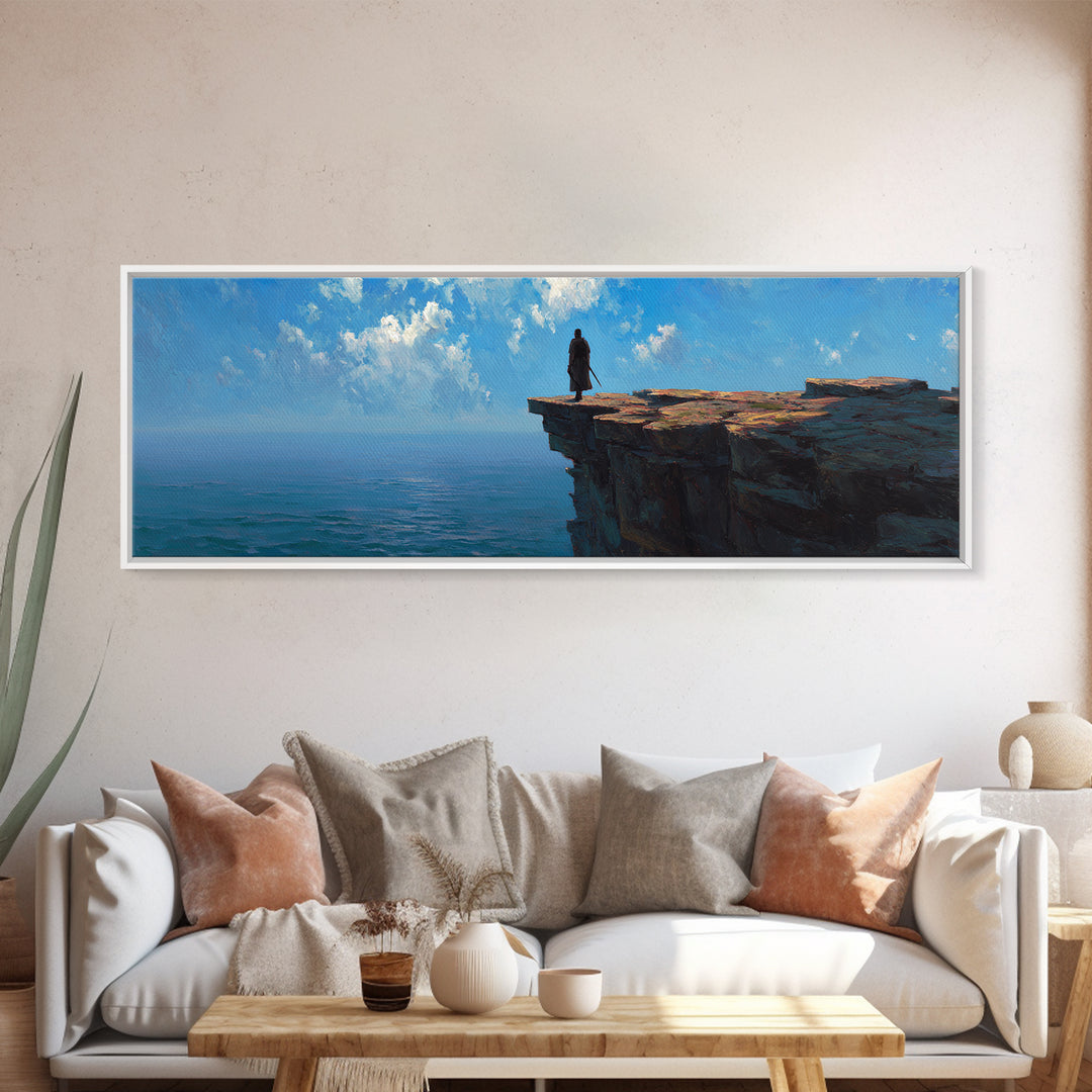 Lone Figure On Ocean Cliff Wall Art, Moody Coastal Landscape Canvas, Blue Seascape Print, Large Living Room Decor, Housewarming Gift