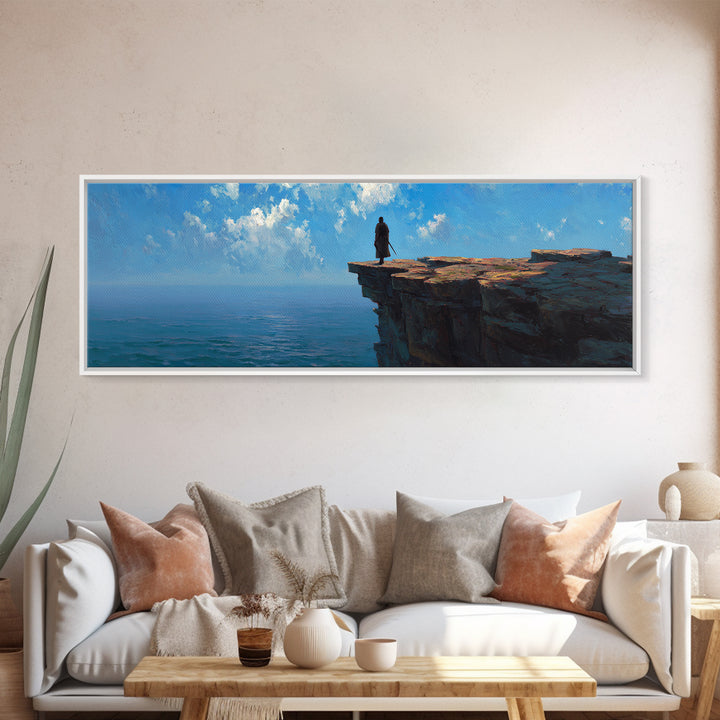 Lone Figure On Ocean Cliff Wall Art, Moody Coastal Landscape Canvas, Blue Seascape Print, Large Living Room Decor, Housewarming Gift