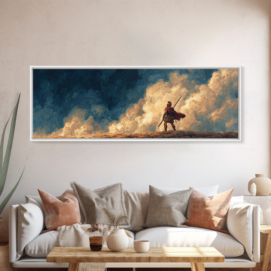 Lone Spearman Facing Golden Clouds Wall Art, Heroic Fantasy Landscape Canvas, Modern Masculine Office Decor Gift For Him