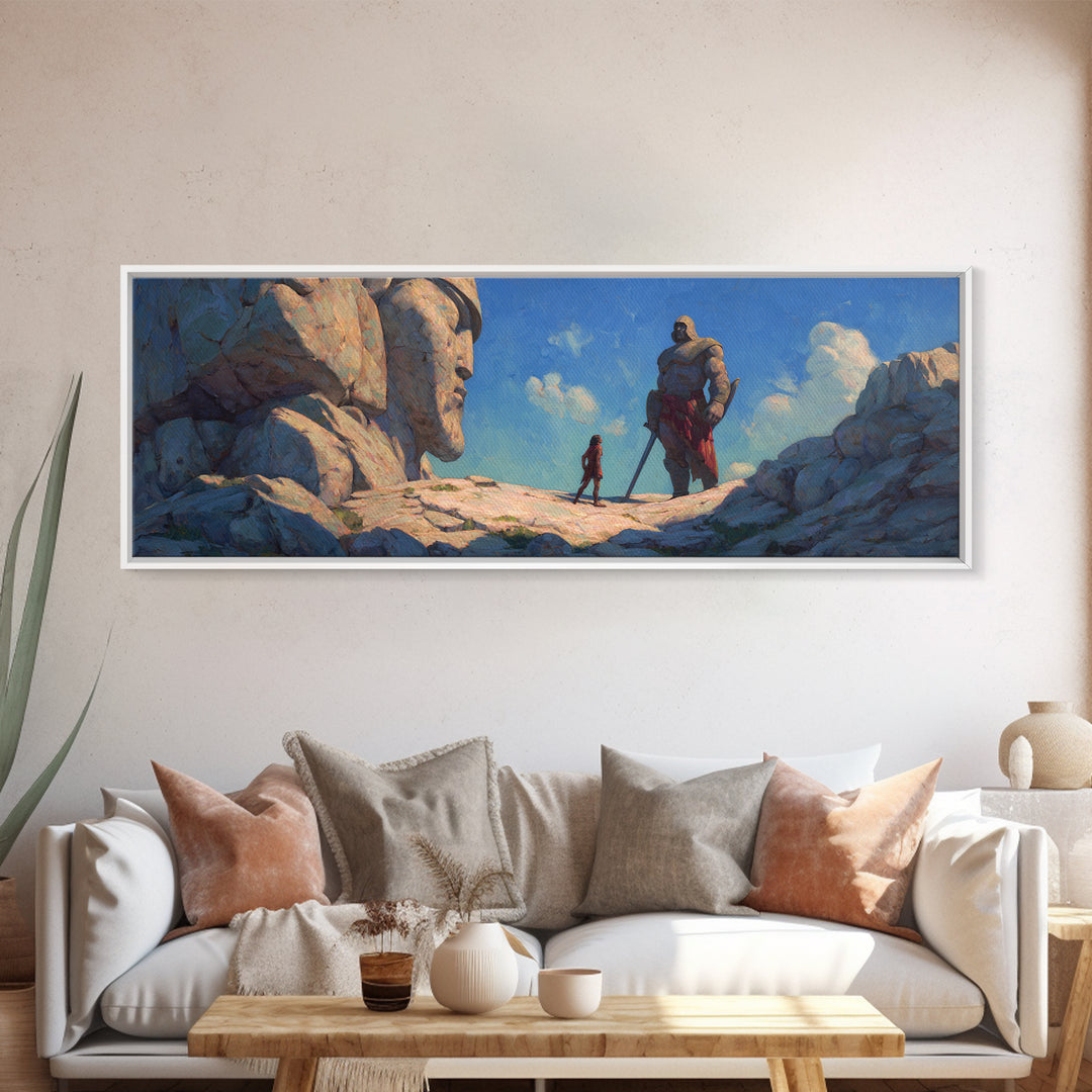 Giant Stone Guardians In Mountain Pass Canvas Print, Epic Fantasy Landscape Art, Dnd Room Decor, Adventure Wall Decor Gift