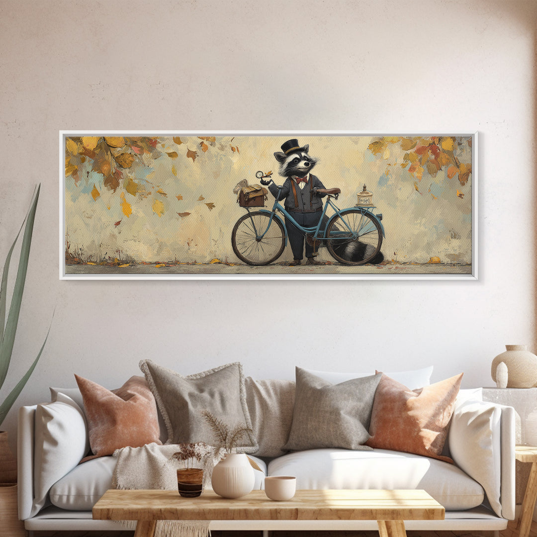 Dapper Raccoon With Bicycle Canvas Print, Whimsical Woodland Animal Wall Art, Autumn Nursery Decor, Cute Kids Room Gift For Her