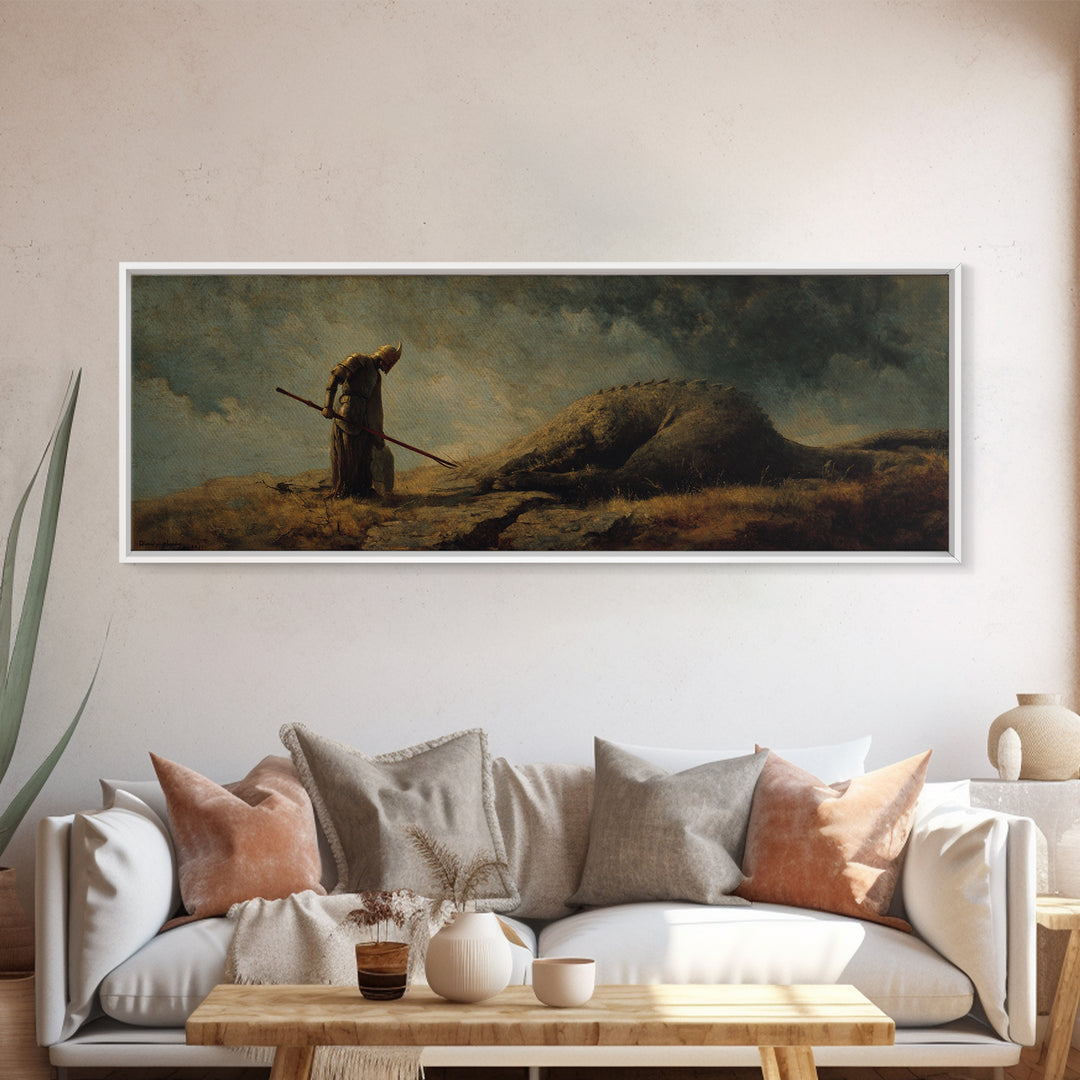 Cloaked Hunter Beside Fallen Giant Wall Art, Dark Fantasy Landscape, Mythical Creature Decor, Gothic Canvas Print, Fantasy Gift
