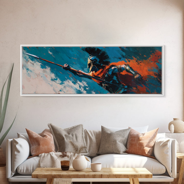 Spartan Spearman In Teal And Orange Canvas Print, Greek Warrior Wall Art, Bold Abstract Decor, Masculine Office Art Gift For Him