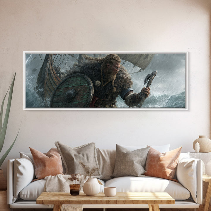 Stormy Viking Warrior At Sea Wall Art, Norse Ship Canvas, Dark Fantasy Decor, Warrior Gift, Nautical Living Room Art, Rustic Home Decor