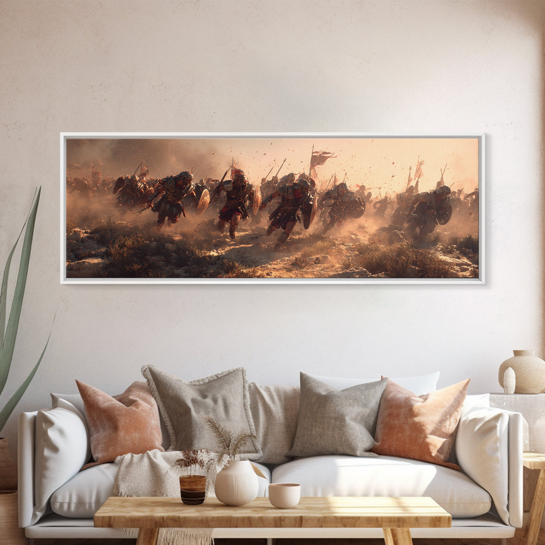 Dusty Warrior Cavalry Charge Wall Art, Epic Battle Framed Canvas Print, Historical War Decor, Large Masculine Gift For Him
