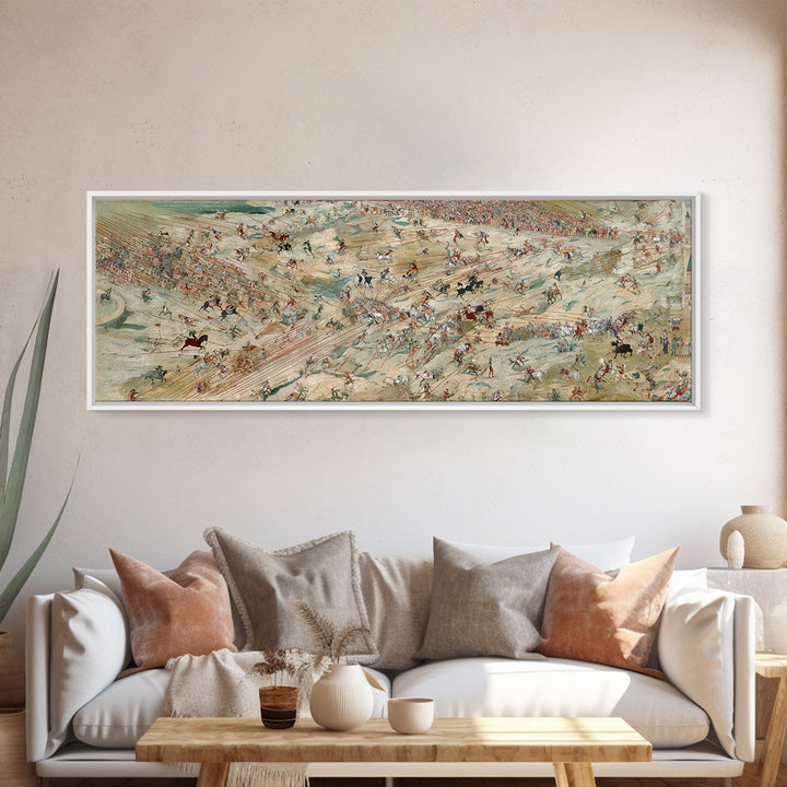 Panoramic Ancient Cavalry Battle Wall Art, Historical War Scene, Western Horse Decor, Large Horizontal Canvas Print Poster