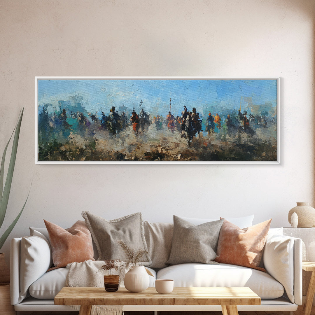 Abstract Cavalry Riders In Blue Haze Wall Art, Horseback Battle Oil Painting Print, Western Living Room Decor Gift For Him