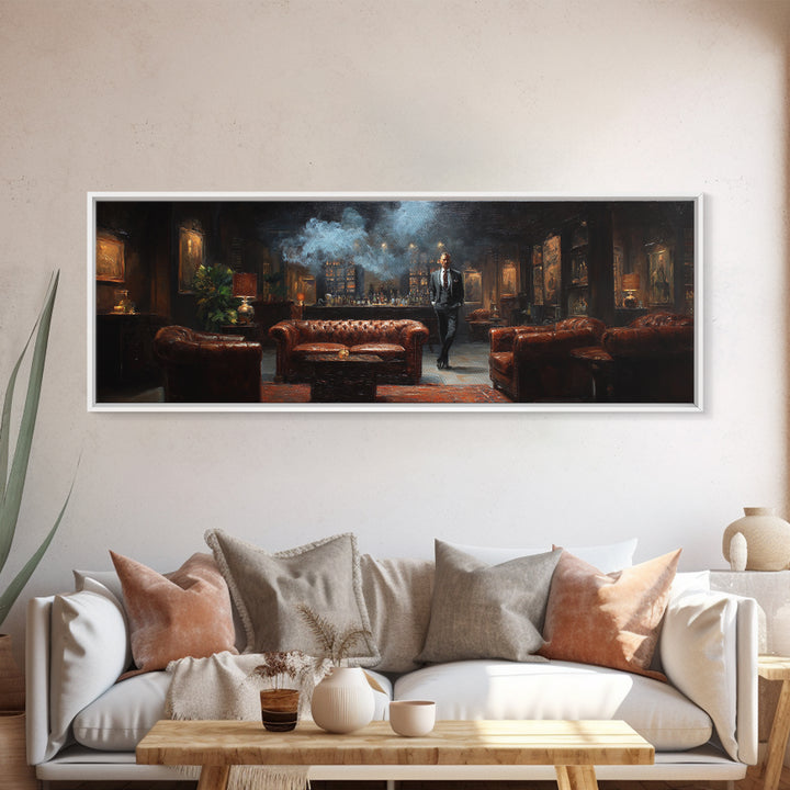 Smoky Gentleman In Leather Lounge Wall Art, Speakeasy Home Bar Canvas Print, Moody Masculine Living Room Decor Gift For Him
