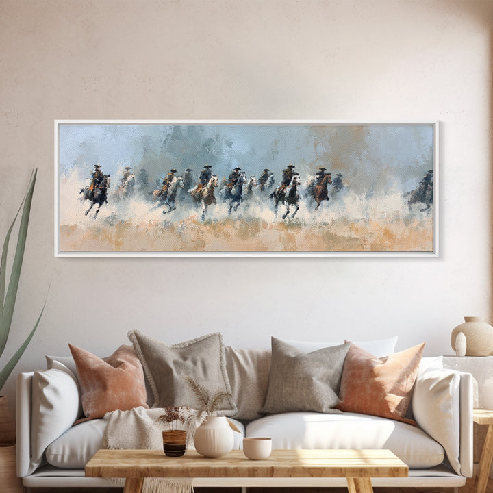 Galloping Horsemen Across Dusty Plains Canvas Print, Western Wall Art, Equestrian Decor, Rustic Living Room Wall Art, Horse Lover Gift