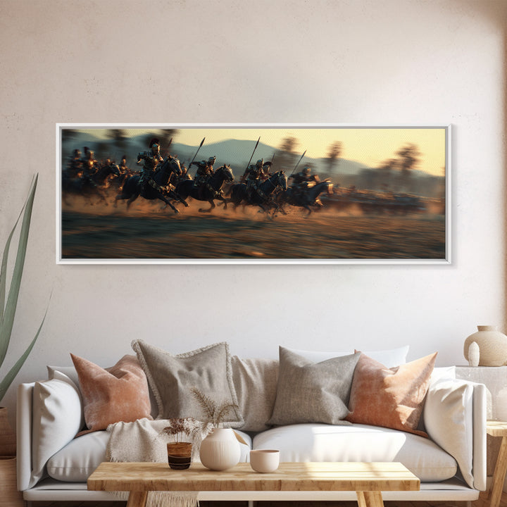 Armored Cavalry Charge At Sunset Wall Art, Epic Horse Battle Canvas Print, Western Warrior Decor, Gift For Him, Masculine Office Decor