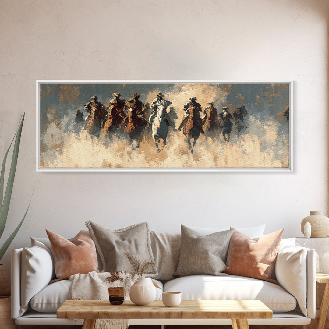 Charging Horsemen In Dusty Plains Wall Art, Abstract Cavalry Battle Painting, Western Decor, Large Horizontal Canvas Print