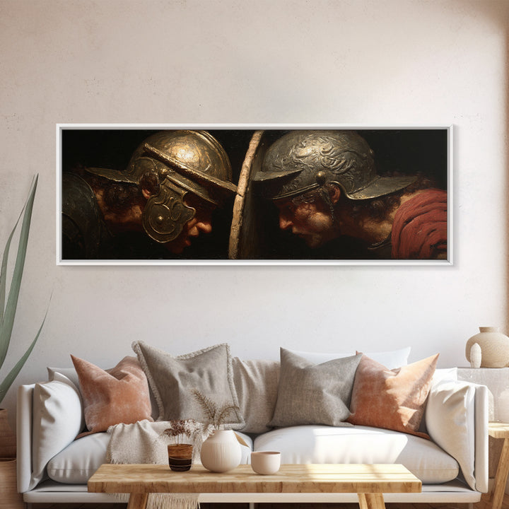 Gladiator Helmet Duel Framed Canvas Print, Ancient Roman Wall Art, Historical Battle Decor, Masculine Office Gift For Him