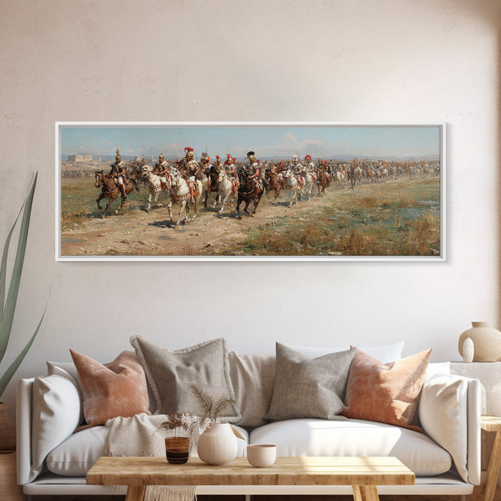 Charging Cavalry Across Open Field Wall Art, Equestrian Historical Canvas Print, Horse Lover Living Room Office Decor Gift
