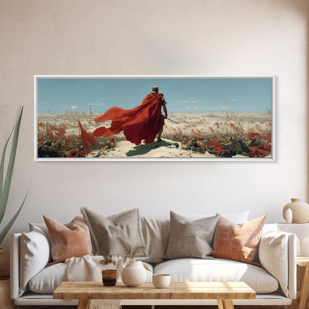 Red Cloaked Commander Over Snowy Battlefield Wall Art, Epic Fantasy Warrior, Historical Canvas Print, Statement Office Decor