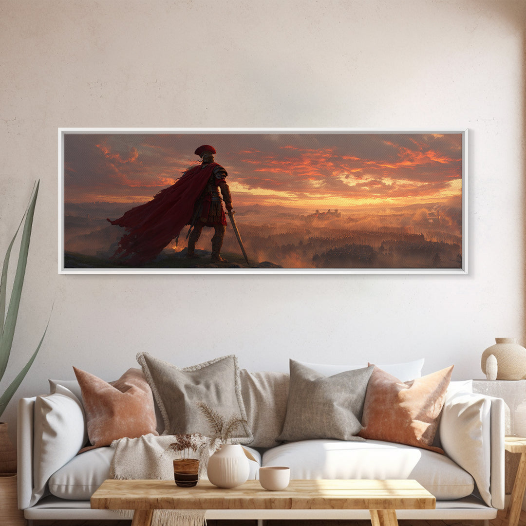 Roman General Over Sunset Empire Wall Art, Red Cape Warrior Landscape, Classical Fantasy Decor, Cinematic Large Canvas Print