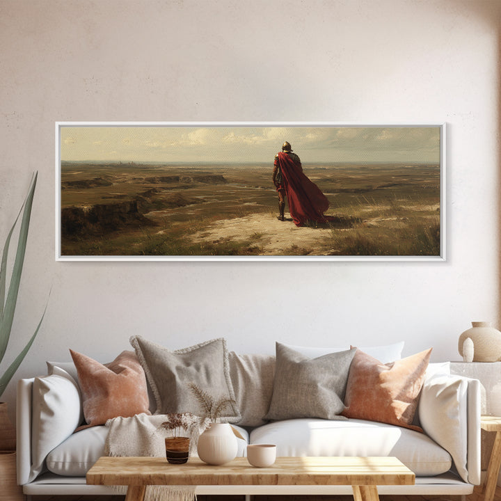 Red Cape Warrior Canyon Wall Art, Epic Fantasy Landscape Canvas, Ancient Hero Print, Rustic Western Statement Decor Gift
