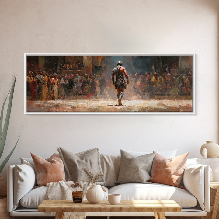 Lone Gladiator Arena Oil Painting Wall Art, Ancient Warrior Canvas, Roman Battle Decor, Dramatic Fantasy Print For Man Cave