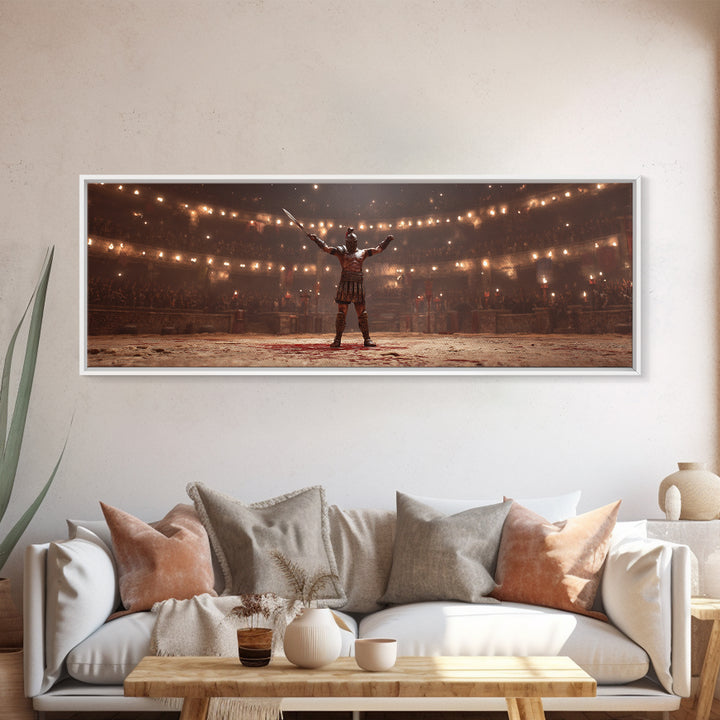 Triumphant Gladiator In Torchlit Arena Wall Art, Roman Warrior Fantasy Canvas, Epic Battle Decor, Cinematic Man Cave Art
