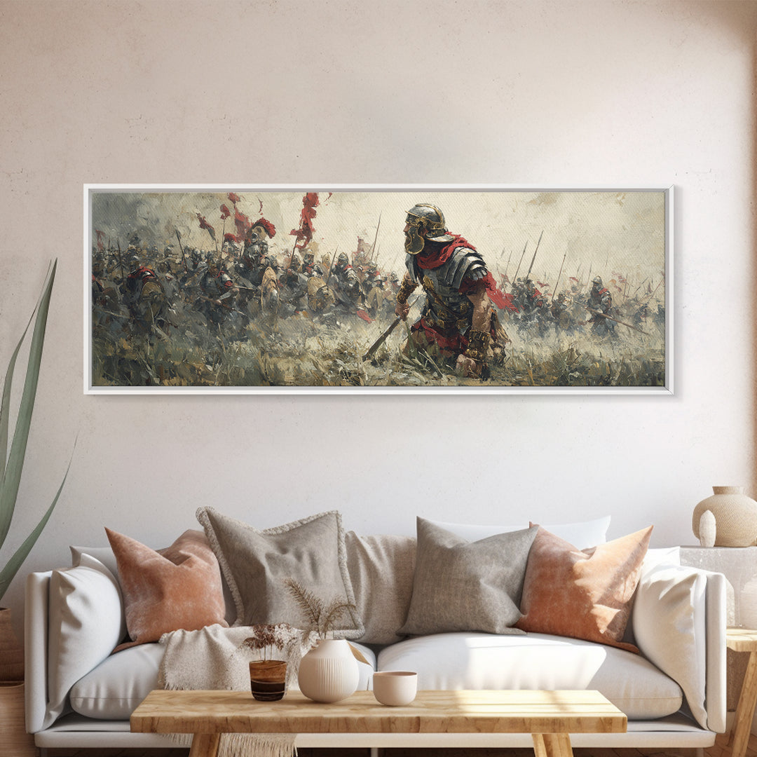 Ancient Warrior Leading Smoky Battlefield Wall Art, Panoramic Historical Battle Canvas, Masculine Office Decor Gift For Him