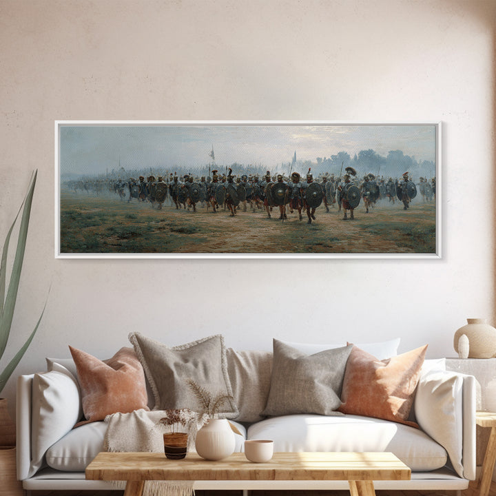 Misty Roman Army March Wall Art, Ancient Warrior Oil Painting Print, Panoramic History Decor, Large Living Room Art For Home Decor