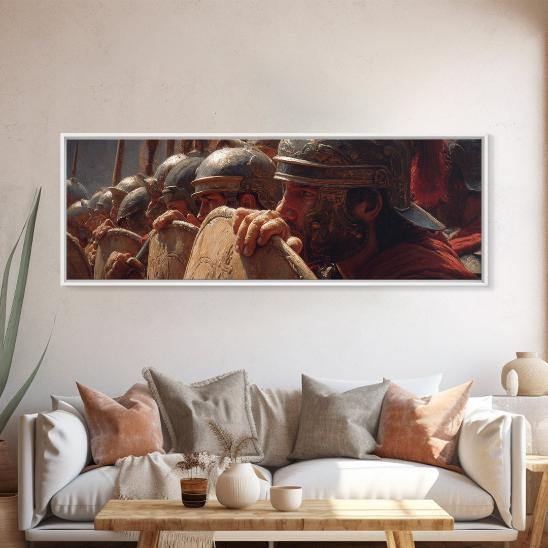 Roman Legion Shield Wall Art, Ancient Soldiers Framed Canvas Print, Historical Battle Decor For Masculine Office And Study