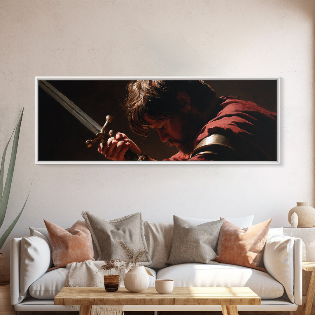 Brooding Warrior Holding Sword Wall Art, Dramatic Baroque Portrait Canvas Print, Masculine Gothic Office And Man Cave Decor