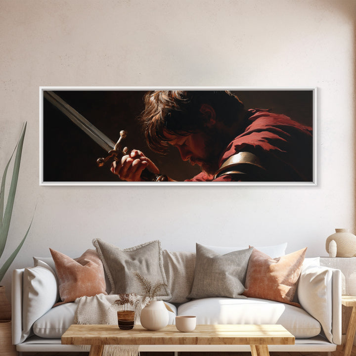 Brooding Warrior Holding Sword Wall Art, Dramatic Baroque Portrait Canvas Print, Masculine Gothic Office And Man Cave Decor