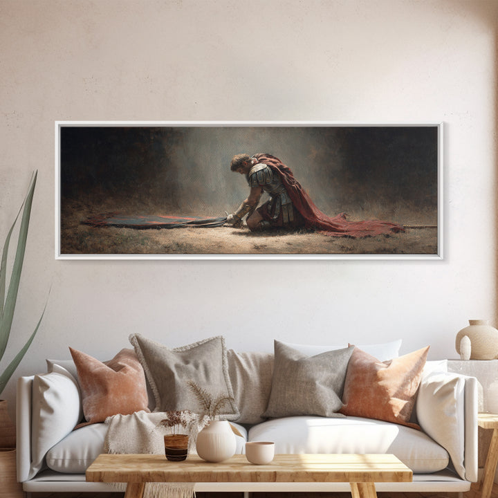 Fallen Roman Soldier With Red Cloak Framed Canvas Print, Classical Warrior Wall Art, Dark Academia Office Decor Gift For Him