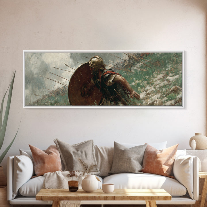 Ancient Shield Warrior Framed Canvas Print, Historical Battle Wall Art, Spartan Soldier Decor, Masculine Office Decor, Gift For Him