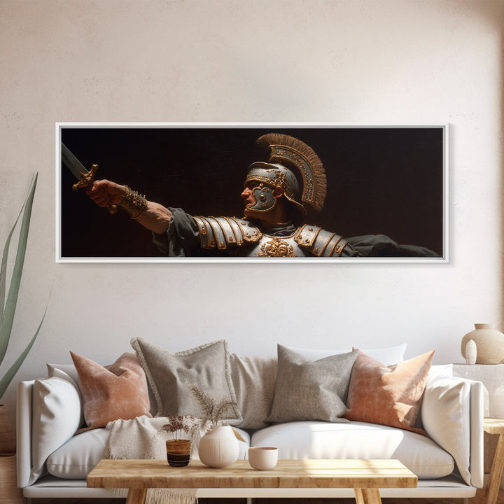 Roman Warrior Sword Portrait Framed Canvas Print, Classical Wall Art, Dark Academia Decor, Mythological Fine Art, Gift For Him