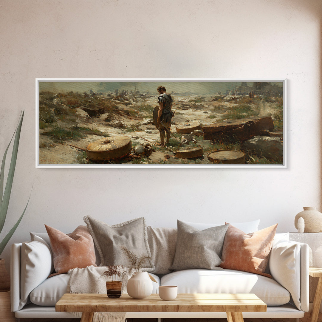 Lone Ancient Warrior Among Shields Wall Art, Roman Battlefield Canvas Print, Historical Decor, Classical Fine Art Prints