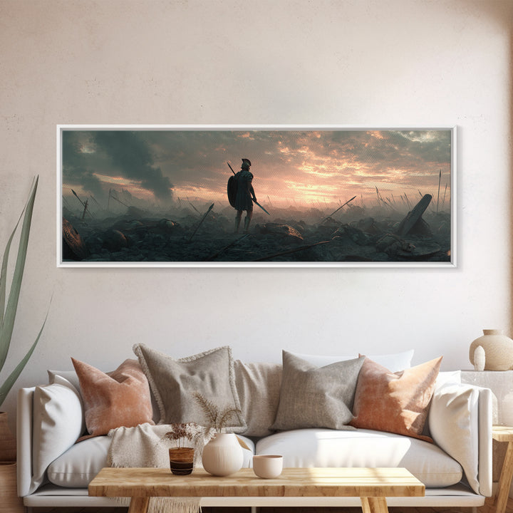 Lone Warrior On Smoky Battlefield Wall Art, Dark Fantasy Canvas, Epic Medieval Landscape, Dramatic Living Room Decor, Above Sofa Decor